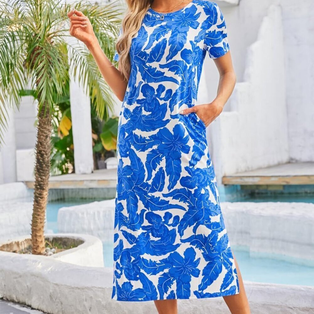 Women's Tie Dye Maxi Dress Short Sleeve Pockets Casual Summer Soft Stretch - Picture 3 of 5